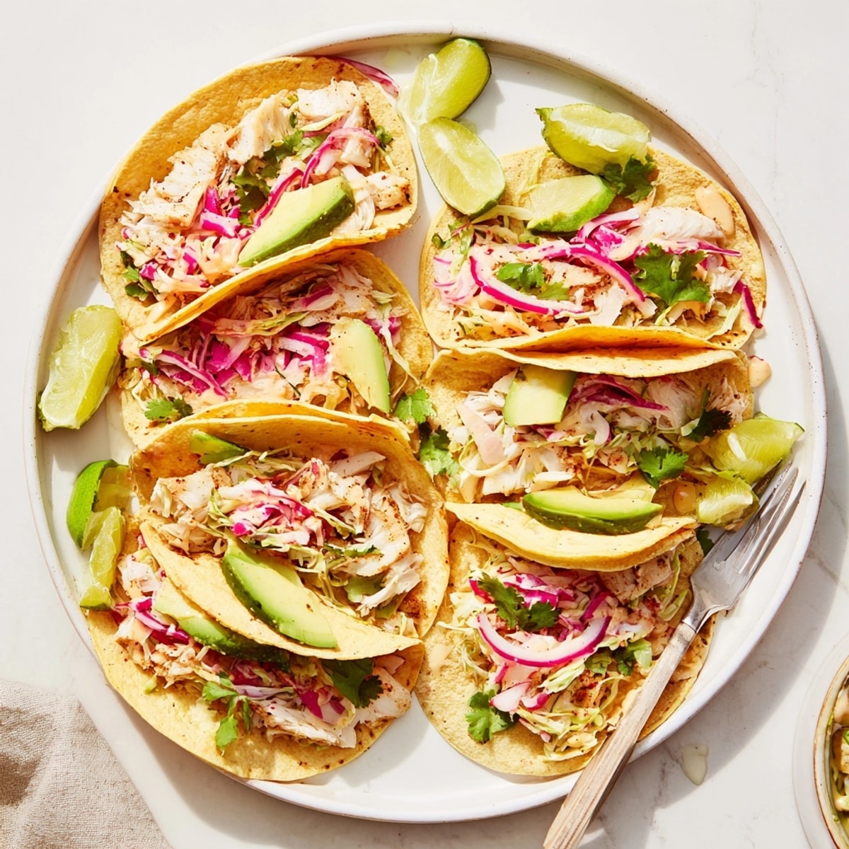 Golden roasted fish for Chipotle Lime Roasted Fish Tacos, served with creamy sauce.