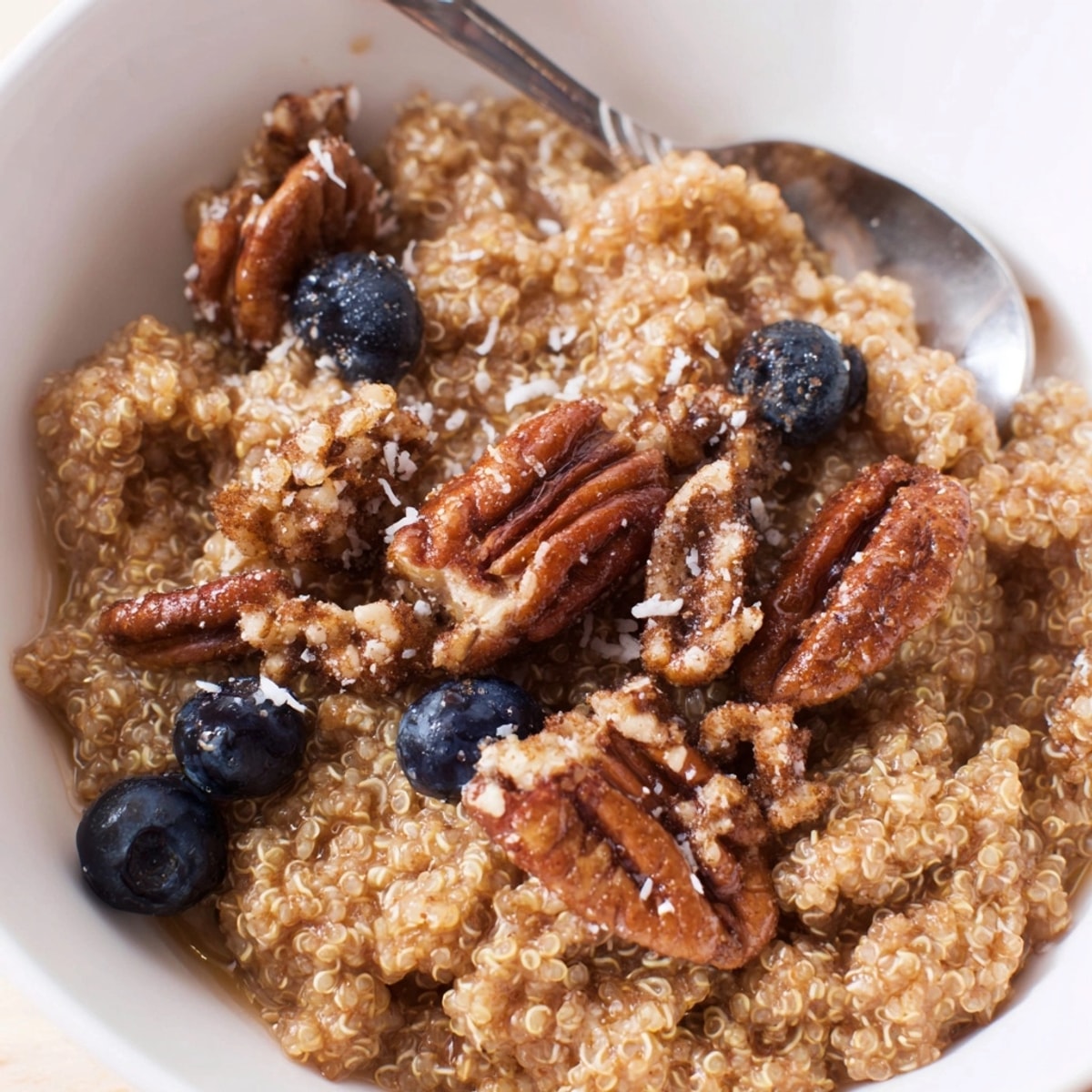Golden Maple Pecan Breakfast Quinoa bowl, topped with crunchy pecans and fresh berries.