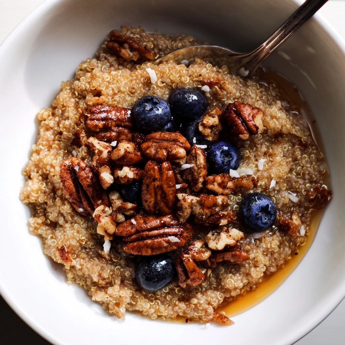 Close-up of creamy Maple Pecan Breakfast Quinoa; maple glistens on toasted pecans.