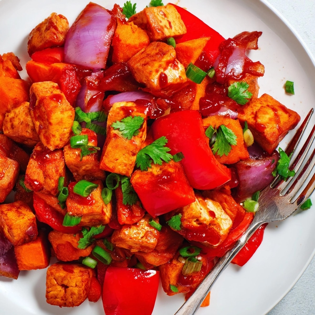 Golden brown BBQ Tofu & Sweet Potato Hash, a flavorful vegan dinner in a skillet.