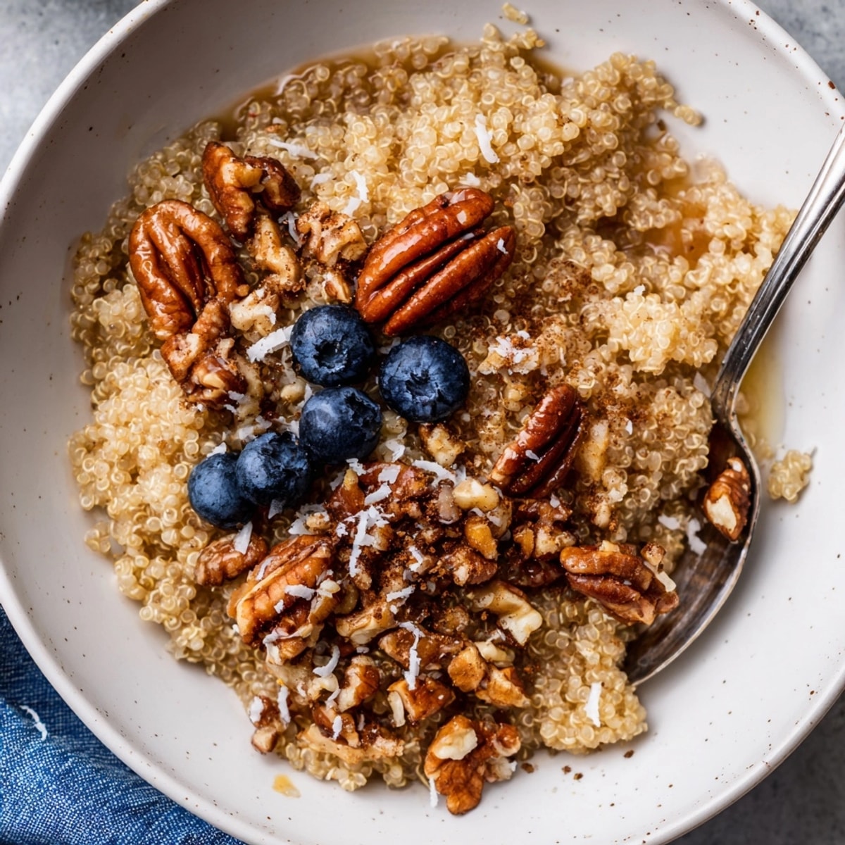 Morning starts right with healthy homemade Maple Pecan Breakfast Quinoa; nutty aroma.