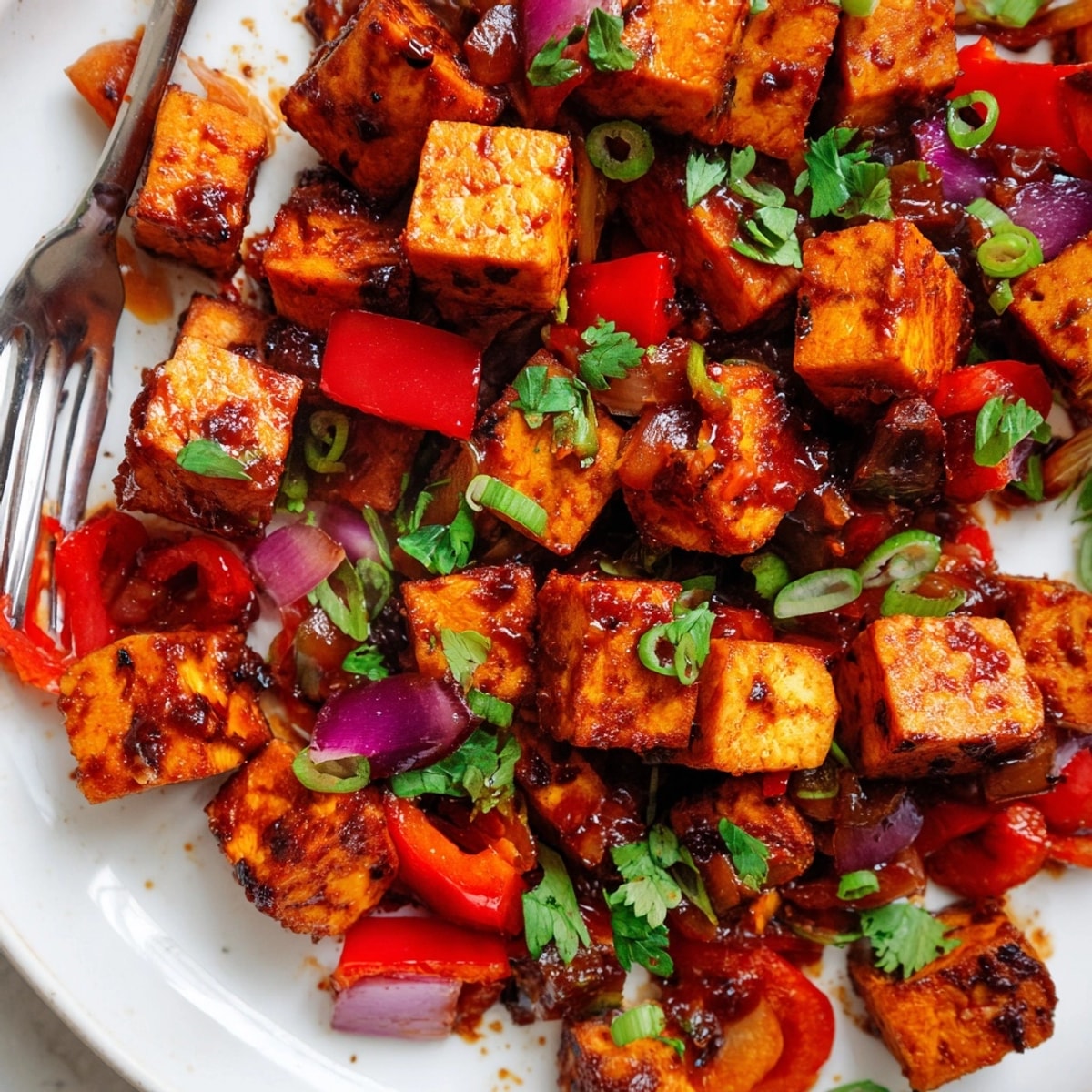 Close-up of BBQ Tofu & Sweet Potato Hash, garnished with vibrant green cilantro.