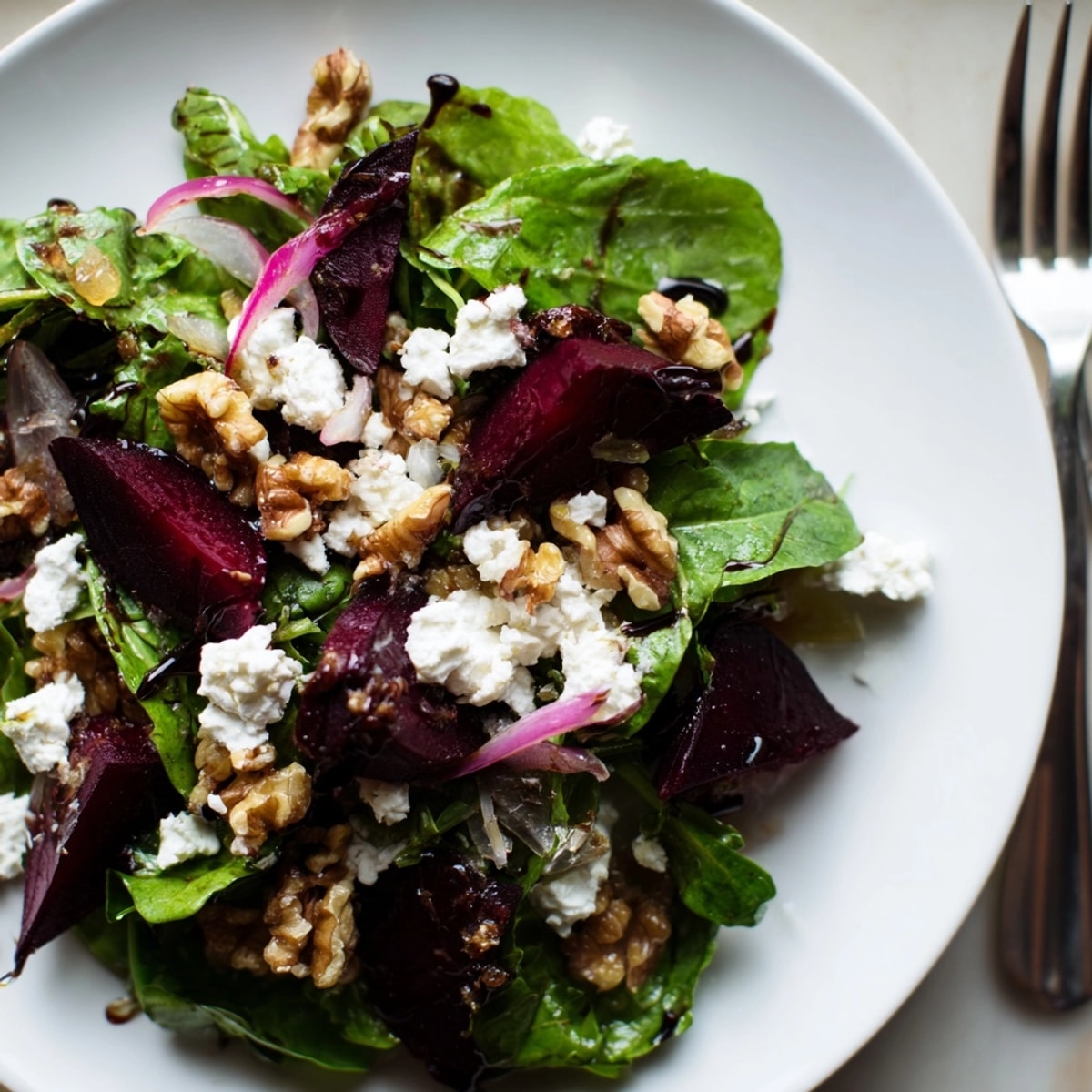 Close-up of a vibrant Roasted Beet & Goat Cheese Salad on rustic wood.