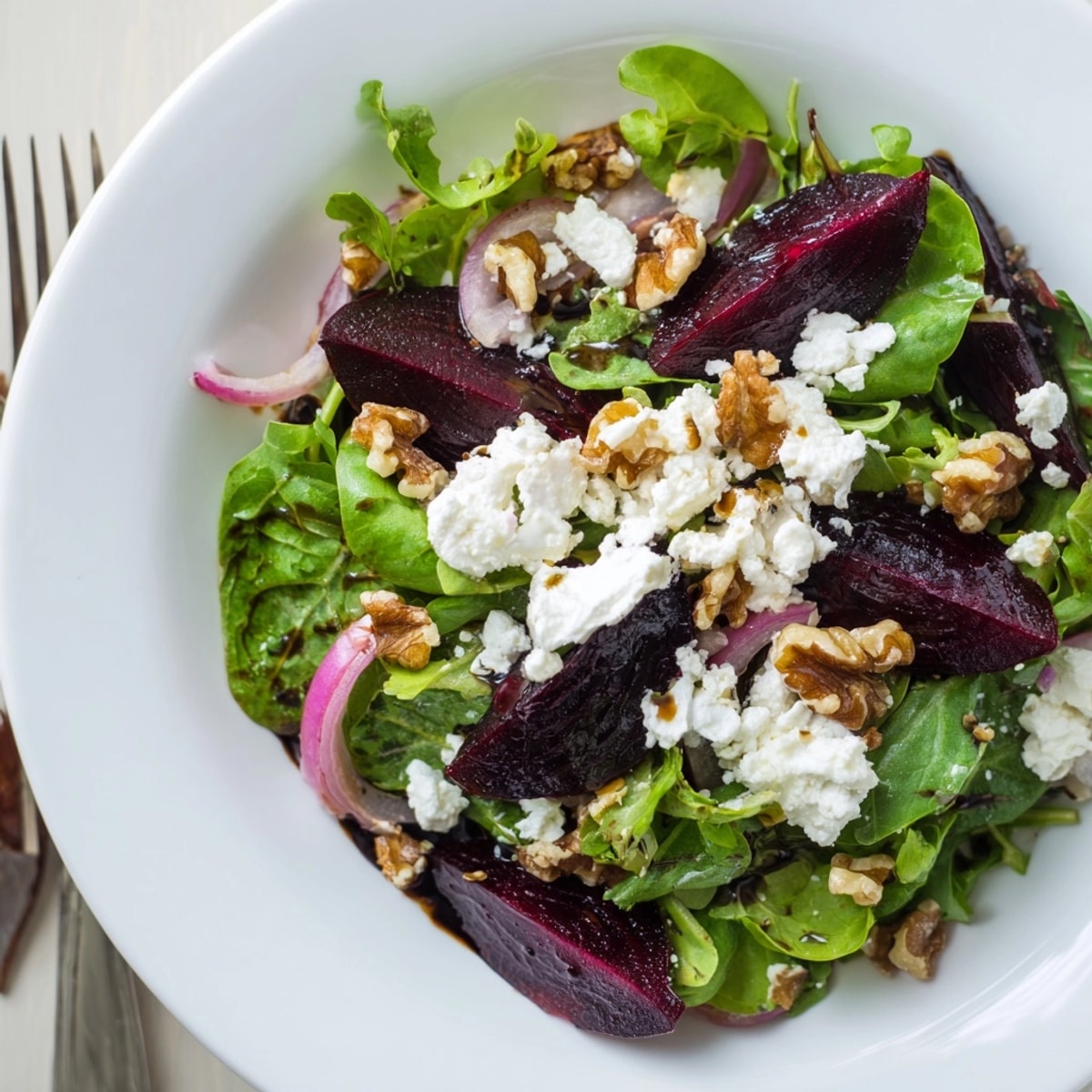 Roasted Beet &amp; Goat Cheese Salad with creamy goat cheese and balsamic vinaigrette dressing.