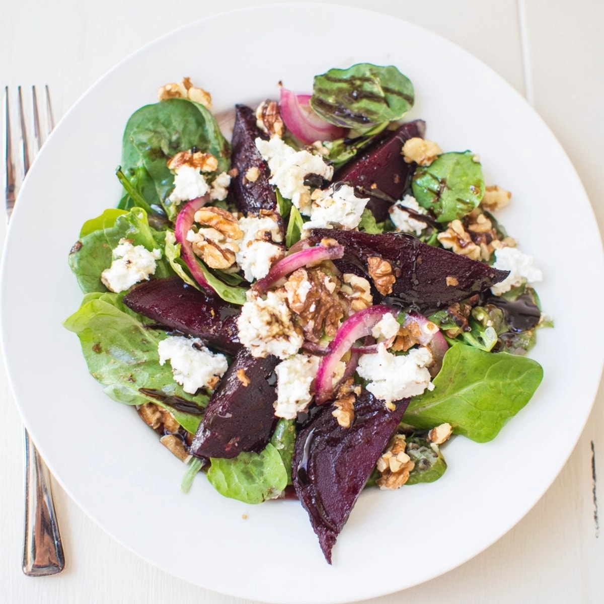 Golden, tender beets shine: A beautiful Roasted Beet &amp; Goat Cheese Salad, ready to eat.