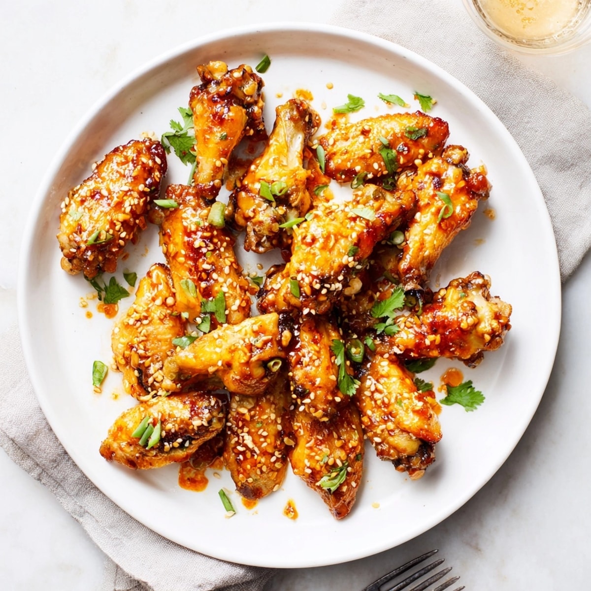 Golden, crispy Honey Sriracha Chicken Wings with sesame seeds, a sweet and spicy delight.