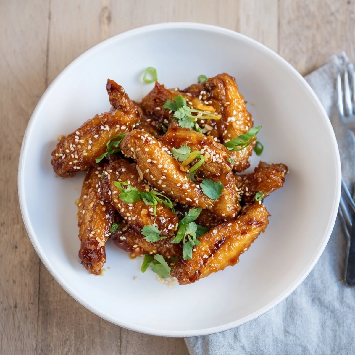 Close-up: Flavorful Honey Sriracha Chicken Wings tossed in a sticky homemade glaze.