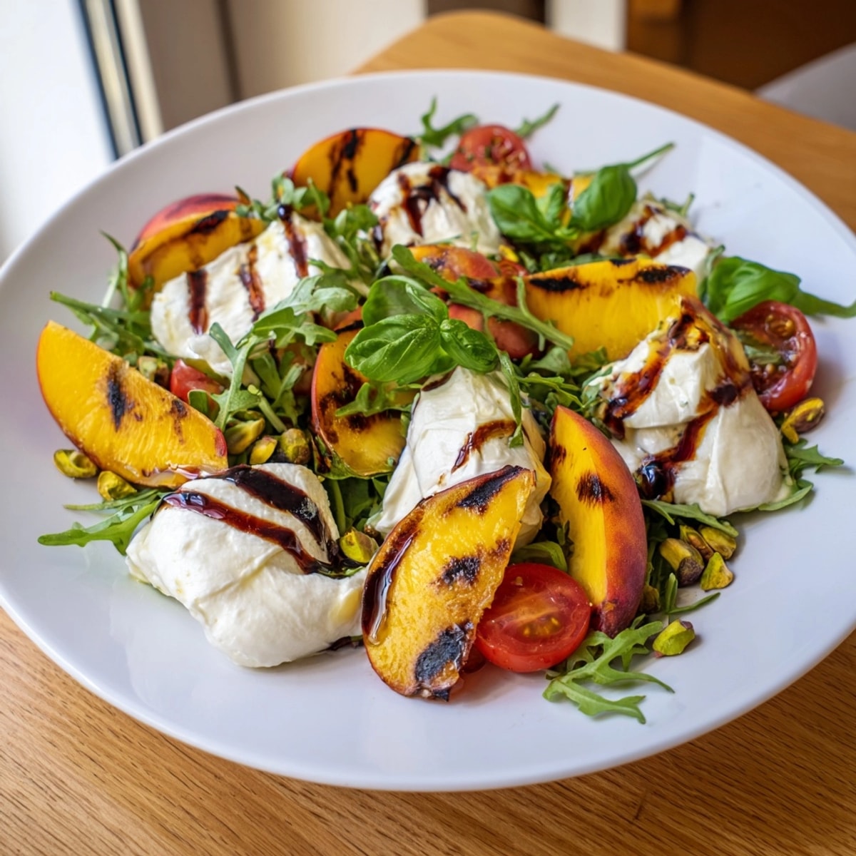 Creamy burrata and sweet, grilled peaches make this Grilled Peach & Burrata Salad sing.