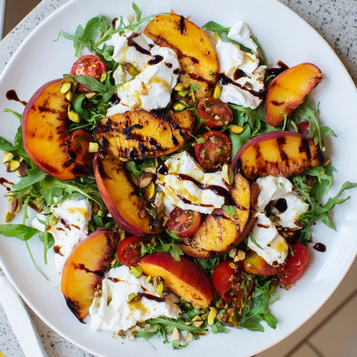 A vibrant Grilled Peach &amp; Burrata Salad, drizzled with balsamic and sprinkled with pistachios.