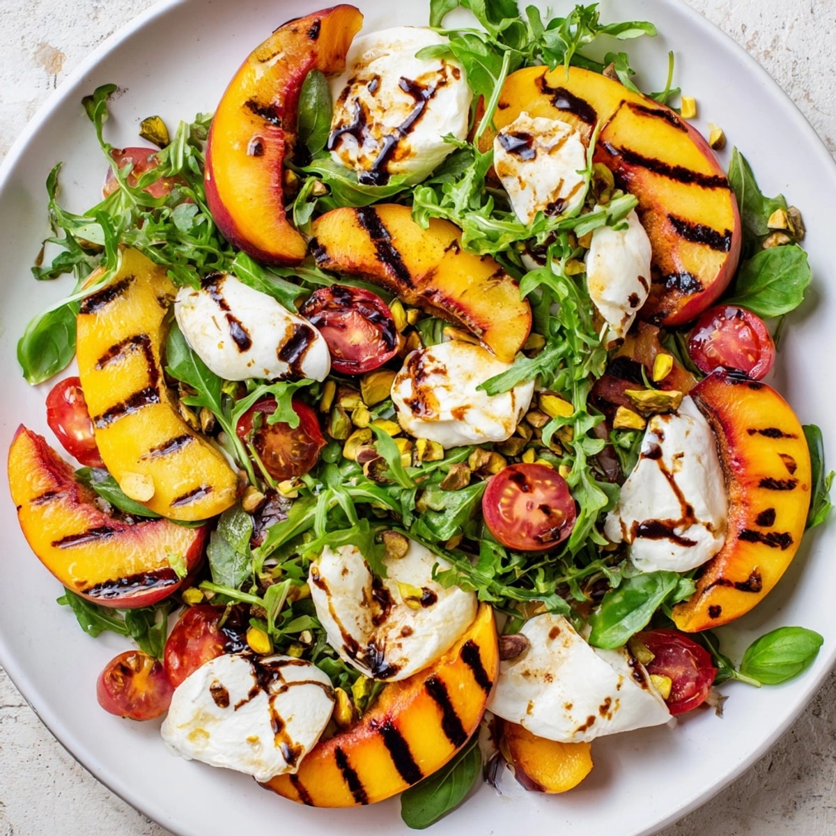 Close-up of the Grilled Peach &amp; Burrata Salad: juicy peaches, creamy burrata, peppery arugula.