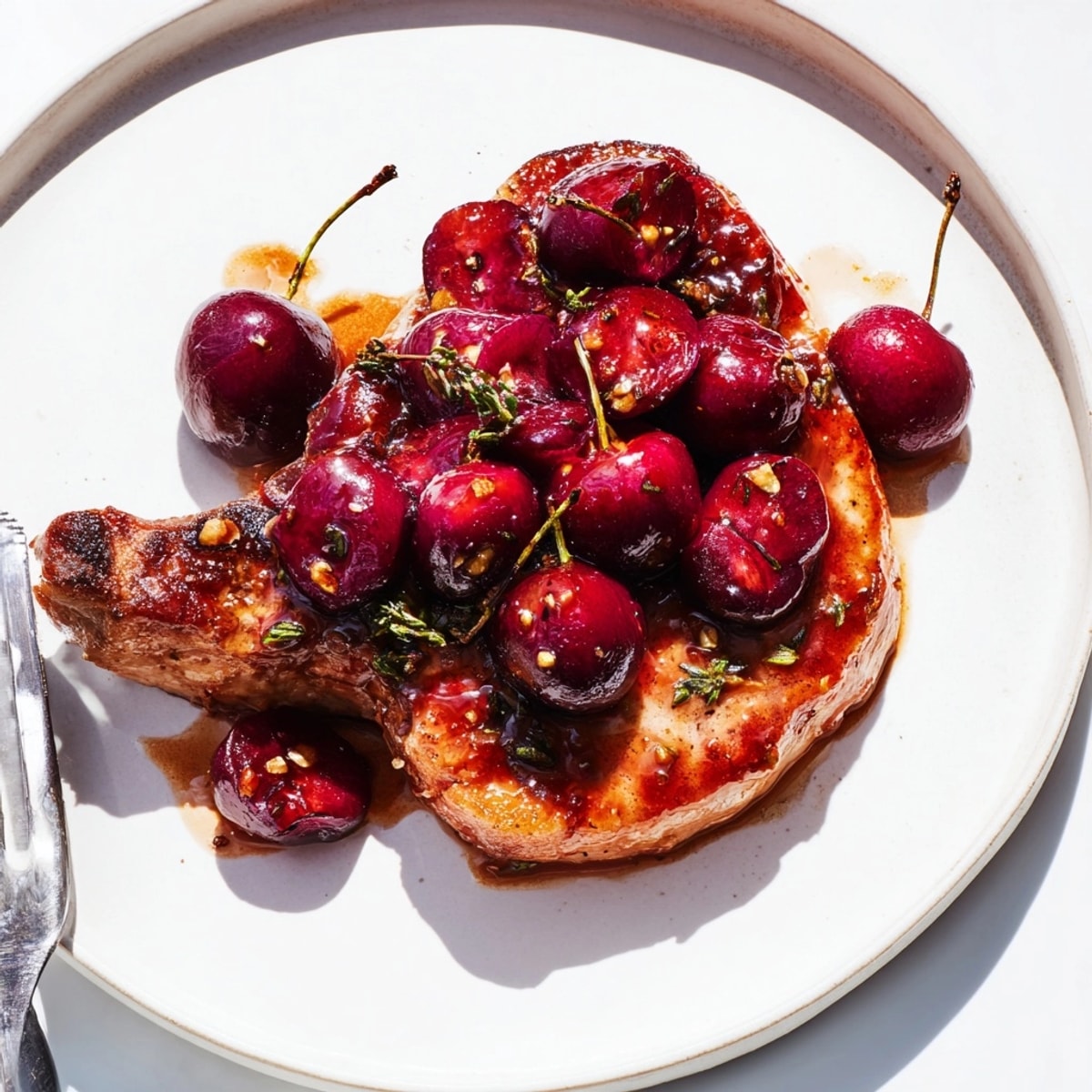Seared Cherry Balsamic Glazed Pork Chops glistening under a rich, ruby-red glaze.