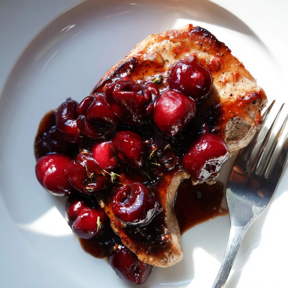 Close-up of the sweet and tangy Cherry Balsamic Glazed Pork Chops, plated and ready.