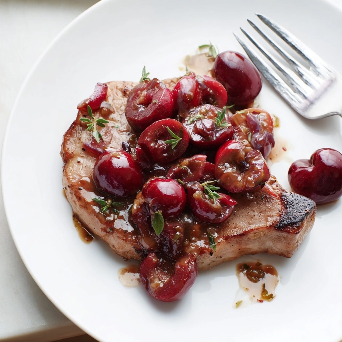 Easy, one-pan Cherry Balsamic Glazed Pork Chops simmering in a pan, glaze thickening.