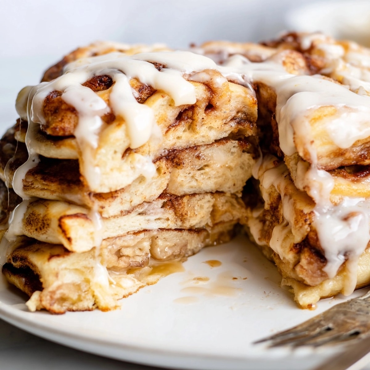 Golden Cinnamon Roll Pancake Bake, fresh from the oven and drizzled with sweet glaze.