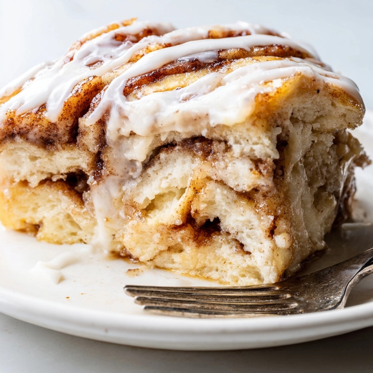 Fluffy Cinnamon Roll Pancake Bake, baked in a dish ready to slice and serve everyone.