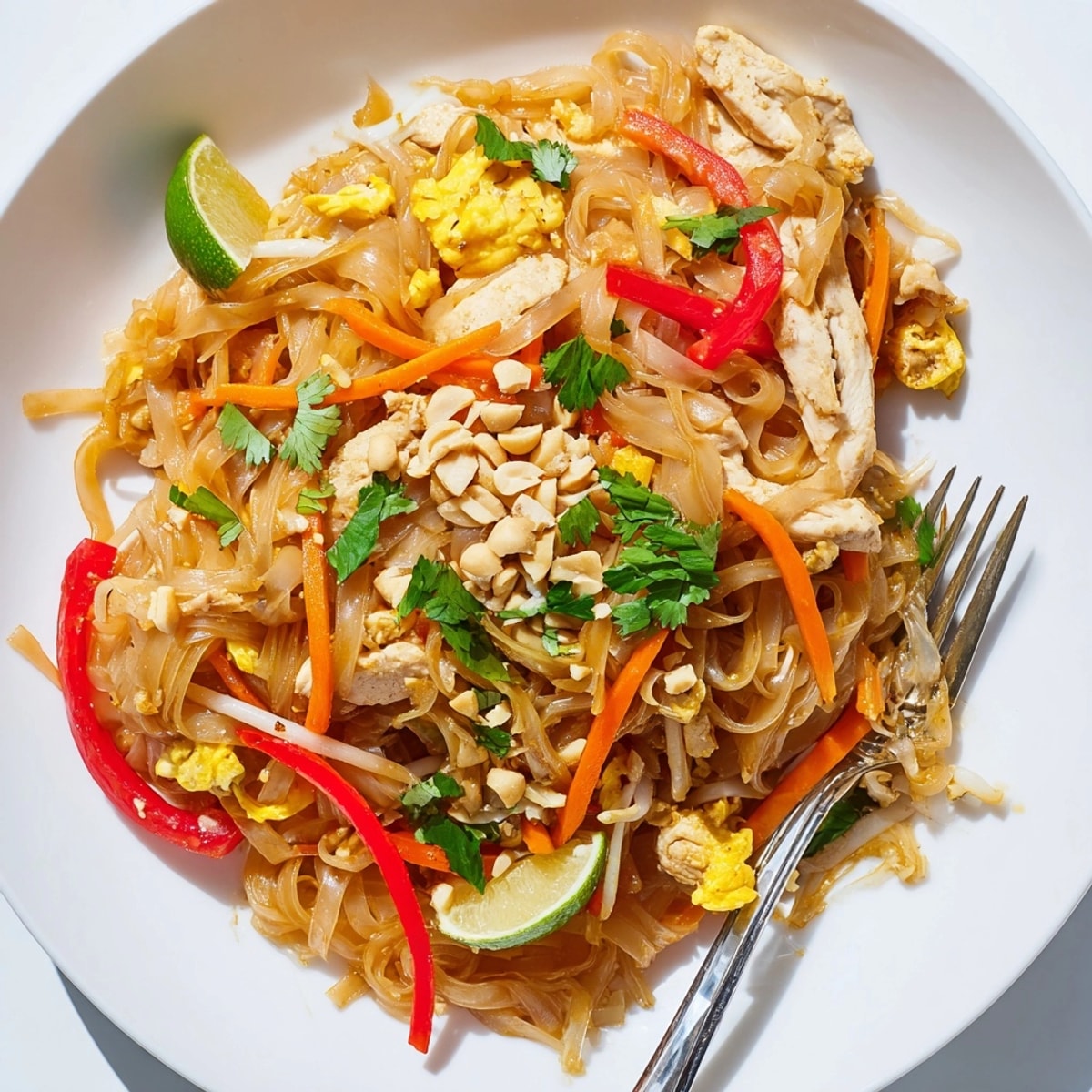 Close-up of vibrant Chicken Pad Thai, peanut-sprinkled, steaming on a white plate with lime.