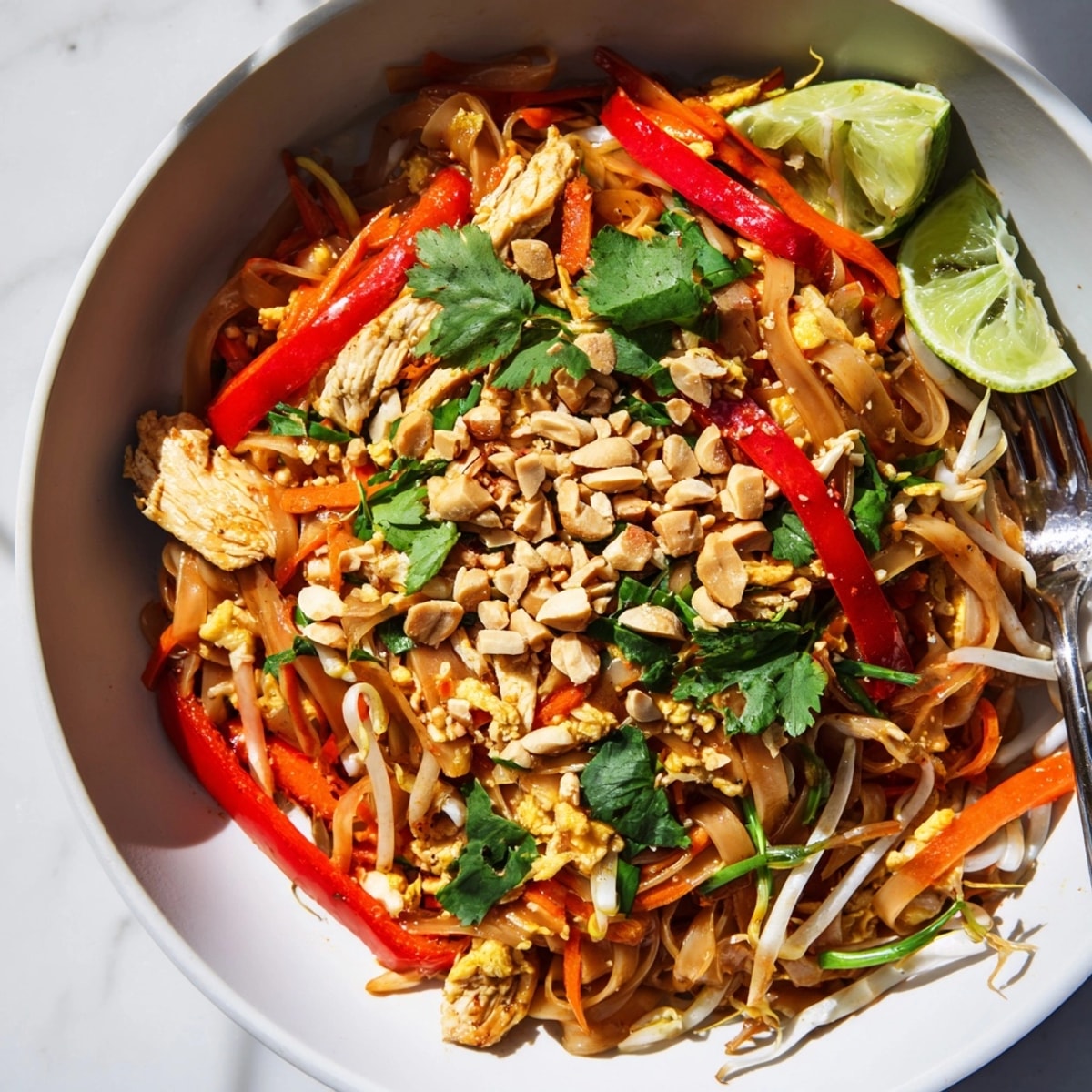 Golden Chicken Pad Thai recipe: Rice noodles, chicken, vegetables, and peanuts tossed in savory sauce.