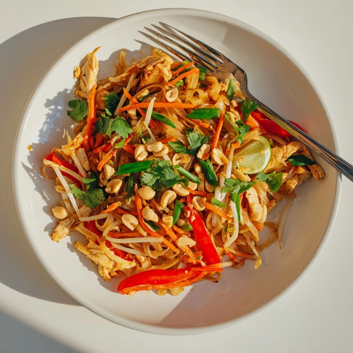 Homemade Chicken Pad Thai: imagine the sweet, tangy aroma filling the wok, ready to serve.