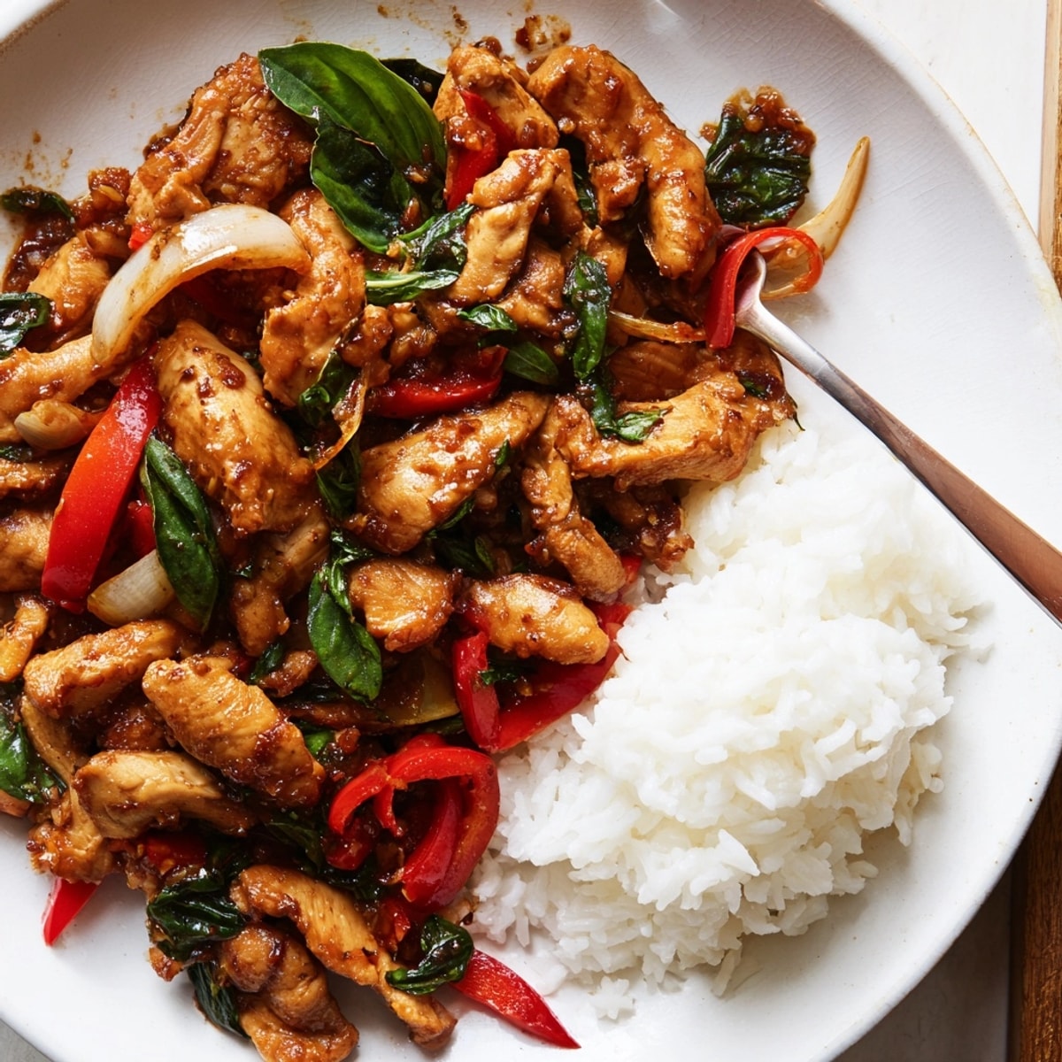 Sizzling Thai Basil Chicken stir-fry with fiery red chilies and aromatic basil.