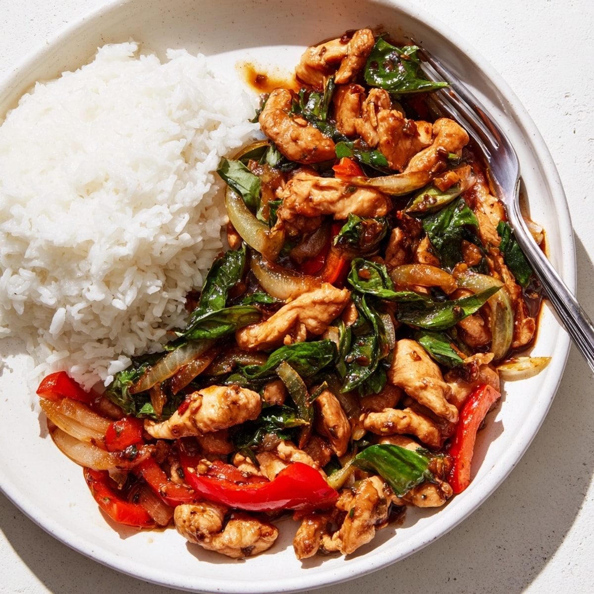 Close-up of glistening Thai Basil Chicken served over fluffy jasmine rice, ready to eat.