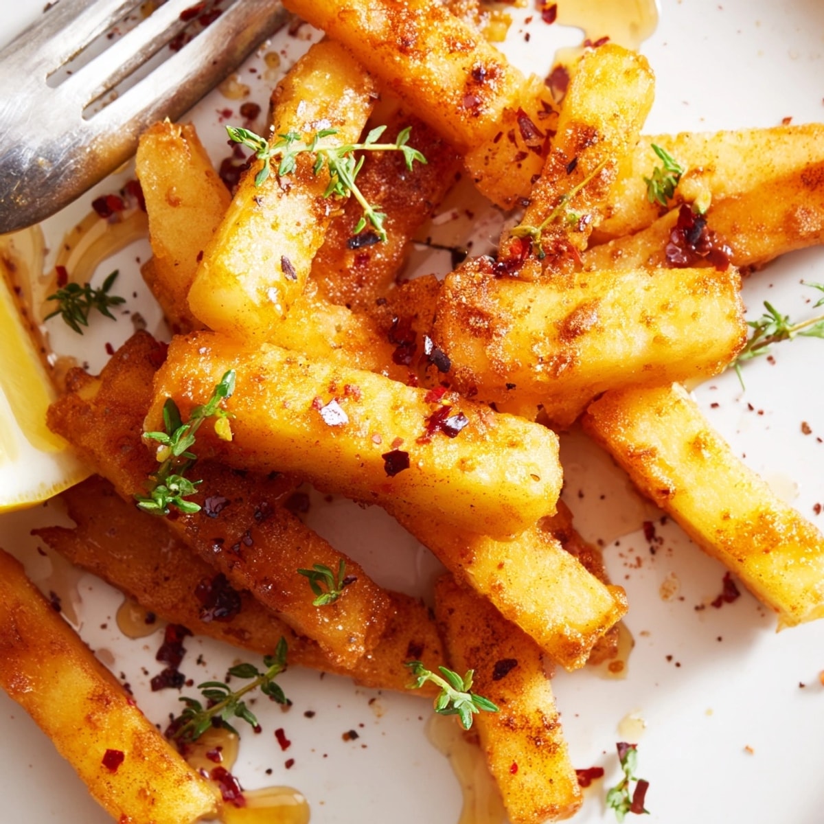 Golden, crispy Halloumi Fries with Honey drizzled on top, ready to serve!