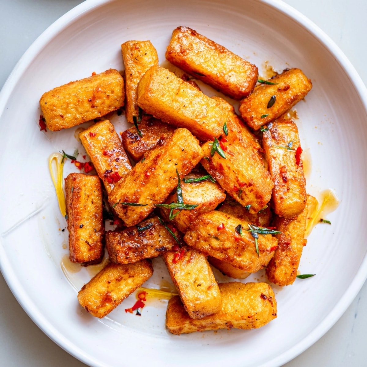 Close up of Halloumi Fries with Honey showing a sprinkling of herbs and spices.