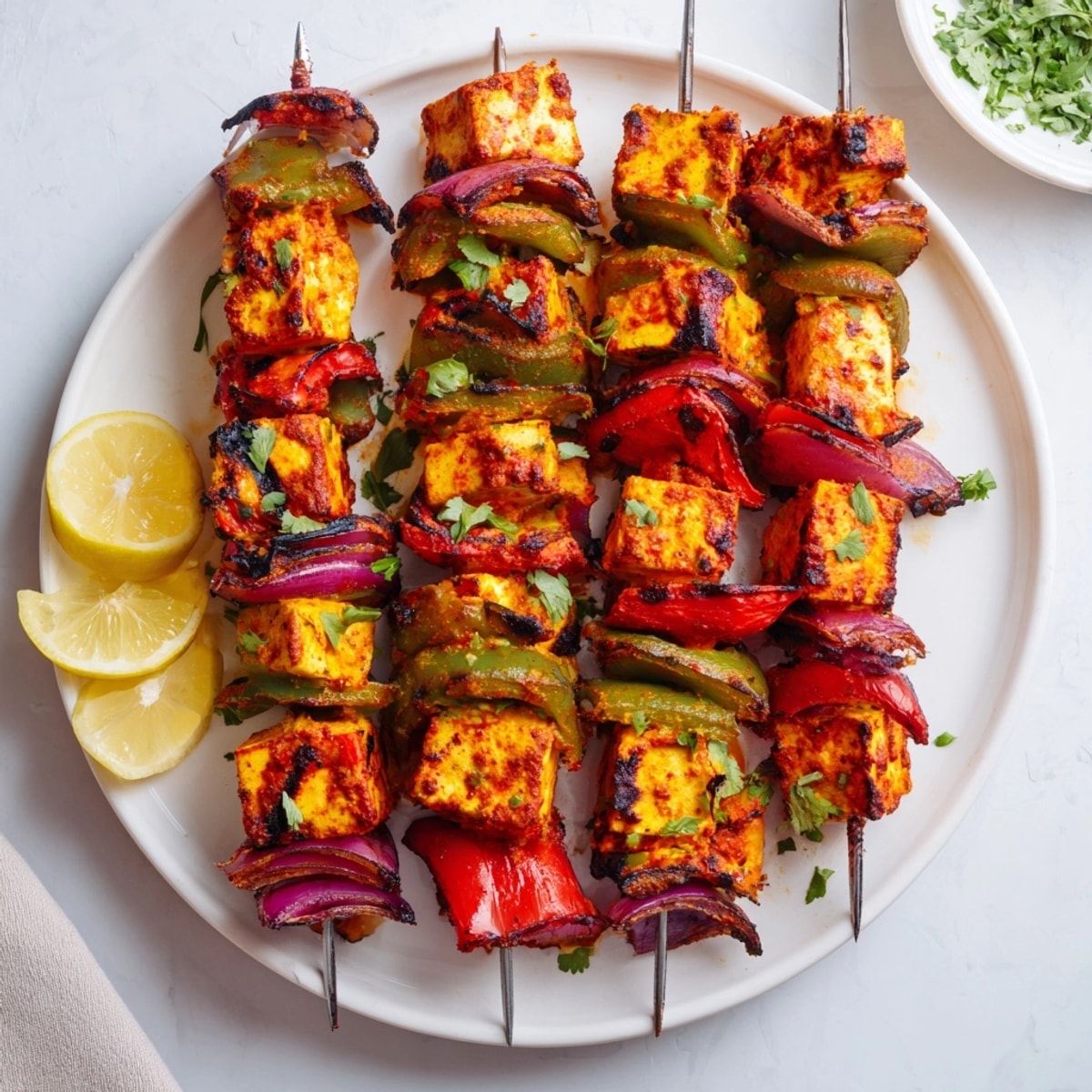 Grilled Paneer Tikka Skewers recipe: Golden paneer and colorful vegetables with charred grill marks.