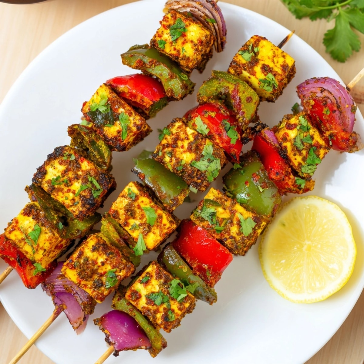 Delicious Paneer Tikka Skewers, ready to serve with cilantro and lemon wedges for a flavorful bite.