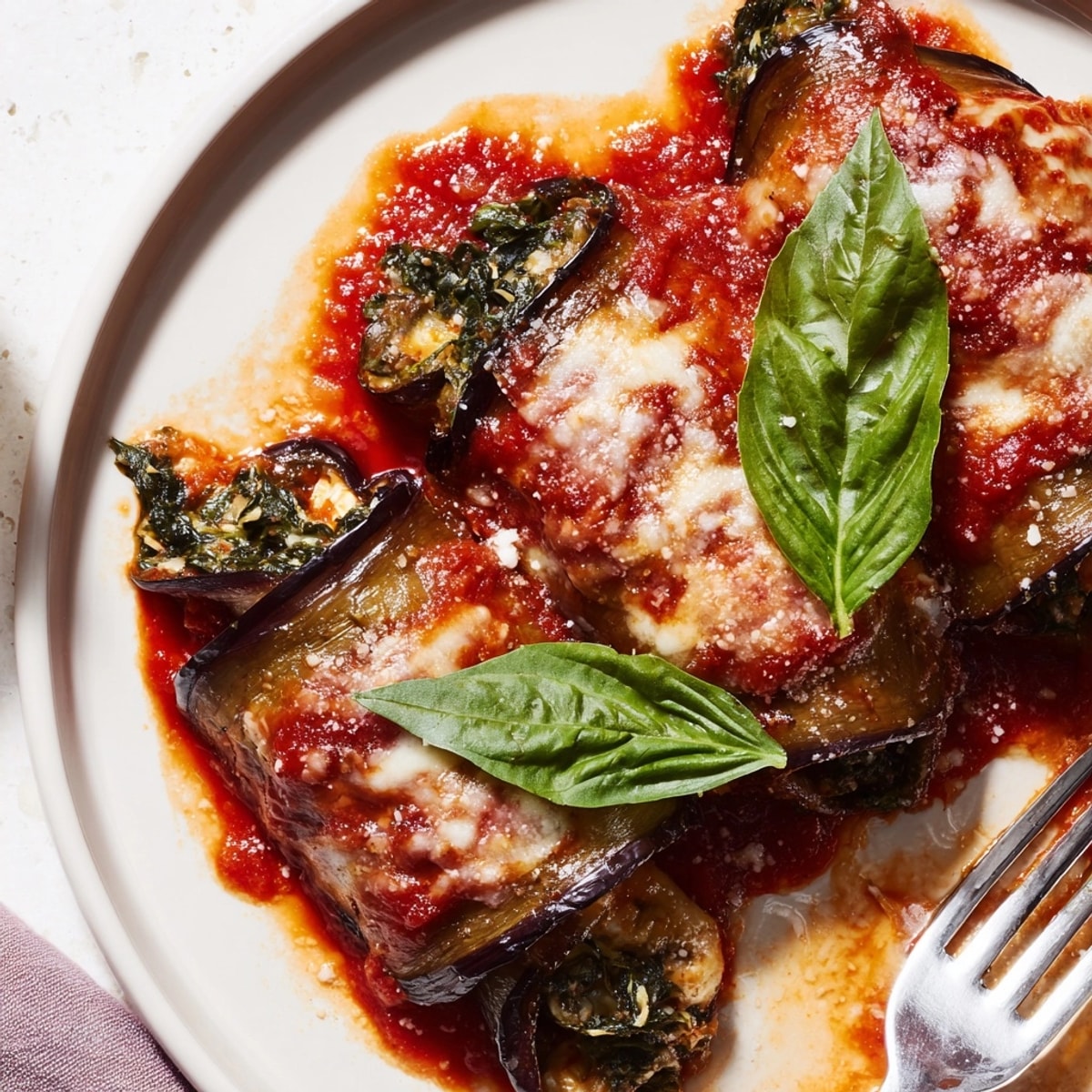 Delicious Eggplant Rollatini: tender eggplant rolls oozing with melted mozzarella, ready for dinner.