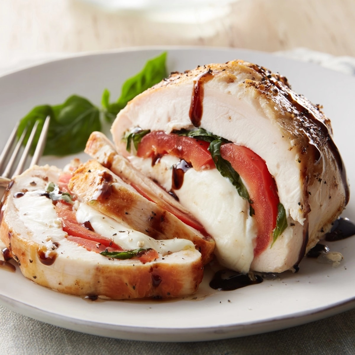 Golden baked Caprese Stuffed Chicken, oozing mozzarella, topped with balsamic glaze, ready to serve.