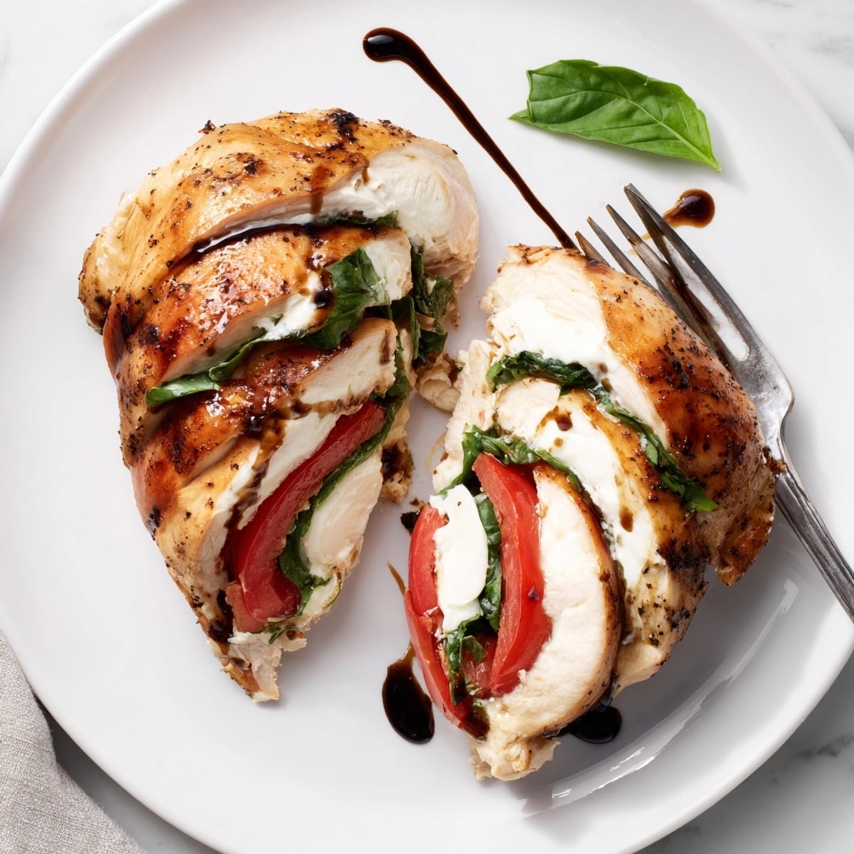 Easy Caprese Stuffed Chicken recipe: Juicy baked chicken bursting with fresh tomato, basil, and mozzarella.