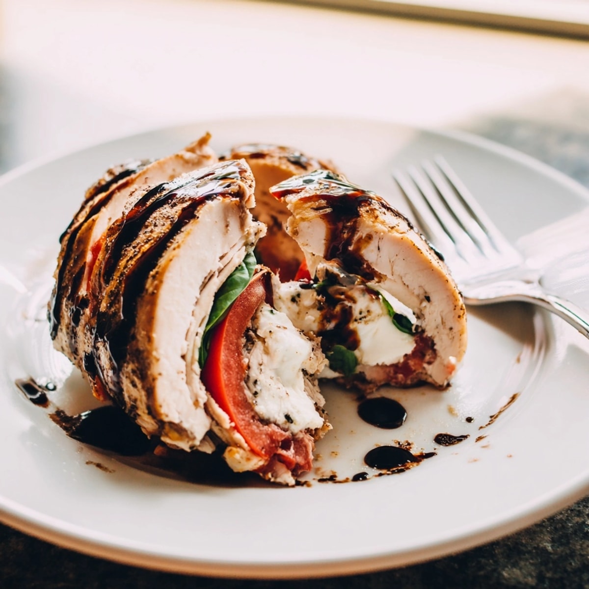 Making Caprese Stuffed Chicken; see the cheesy filling, tender chicken and balsamic drizzle close up.