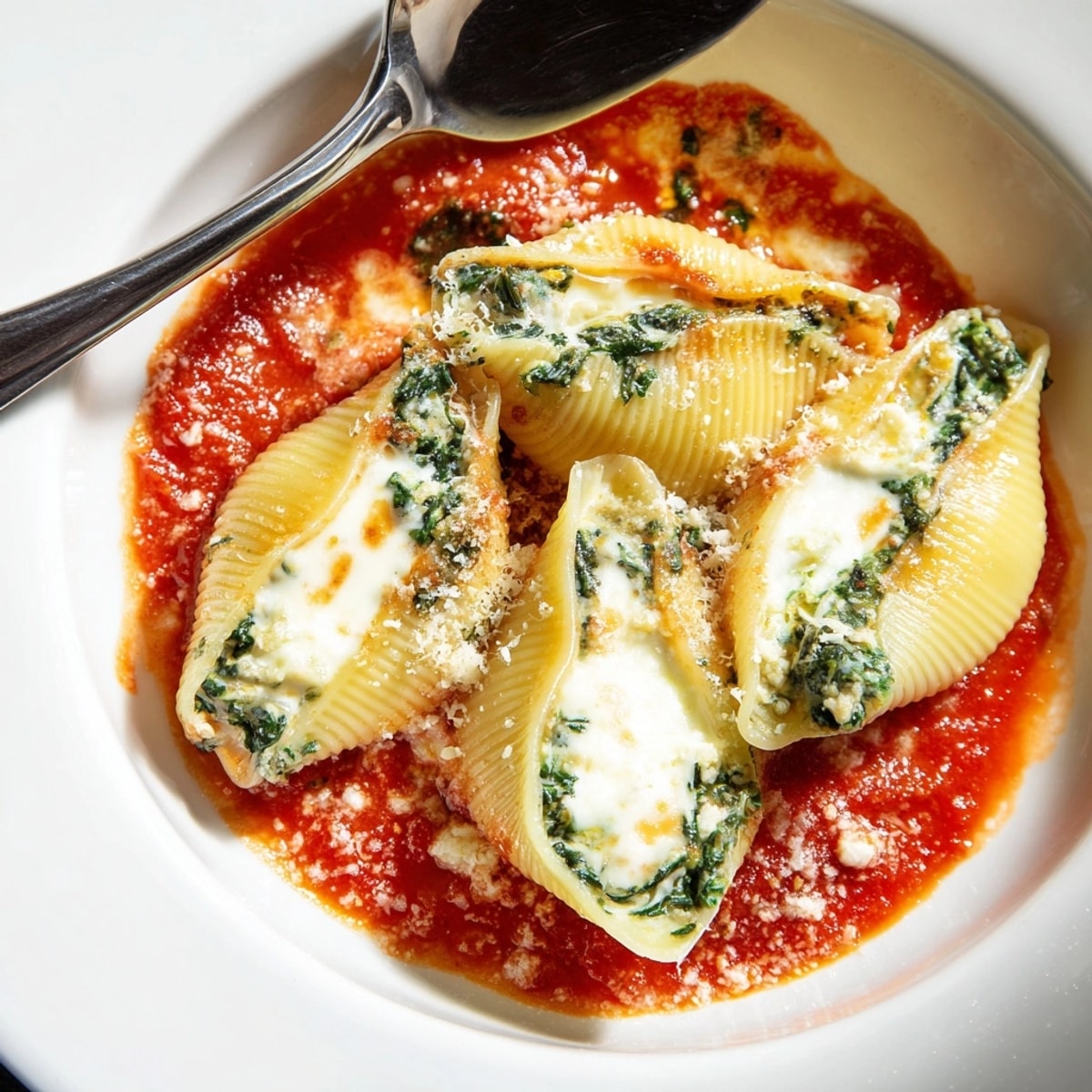 Creamy Spinach and Ricotta Stuffed Shells bubbling from the oven, a comforting Italian dinner.
