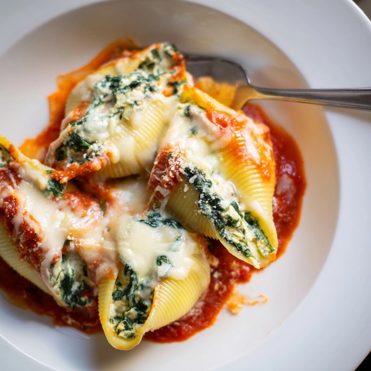 Golden, cheesy Spinach and Ricotta Stuffed Shells, a baked vegetarian pasta dish.