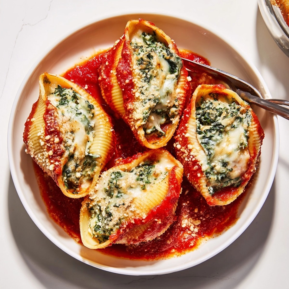 Close-up of saucy Spinach and Ricotta Stuffed Shells, ready to be served warm.