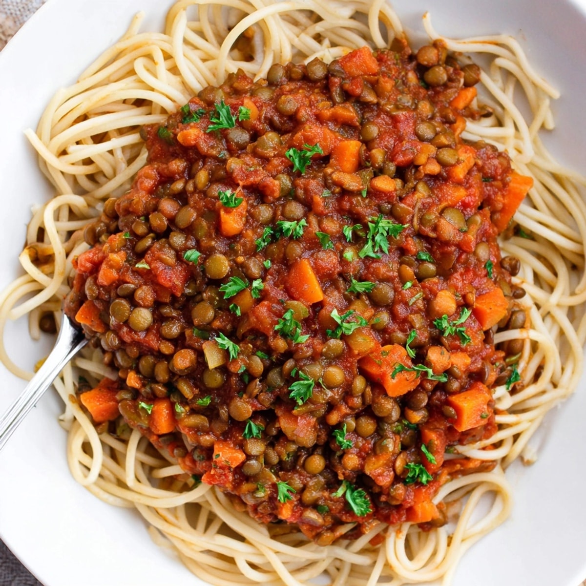 Close-up of vibrant Lentil Bolognese simmering, a rich, plant-based sauce over pasta.