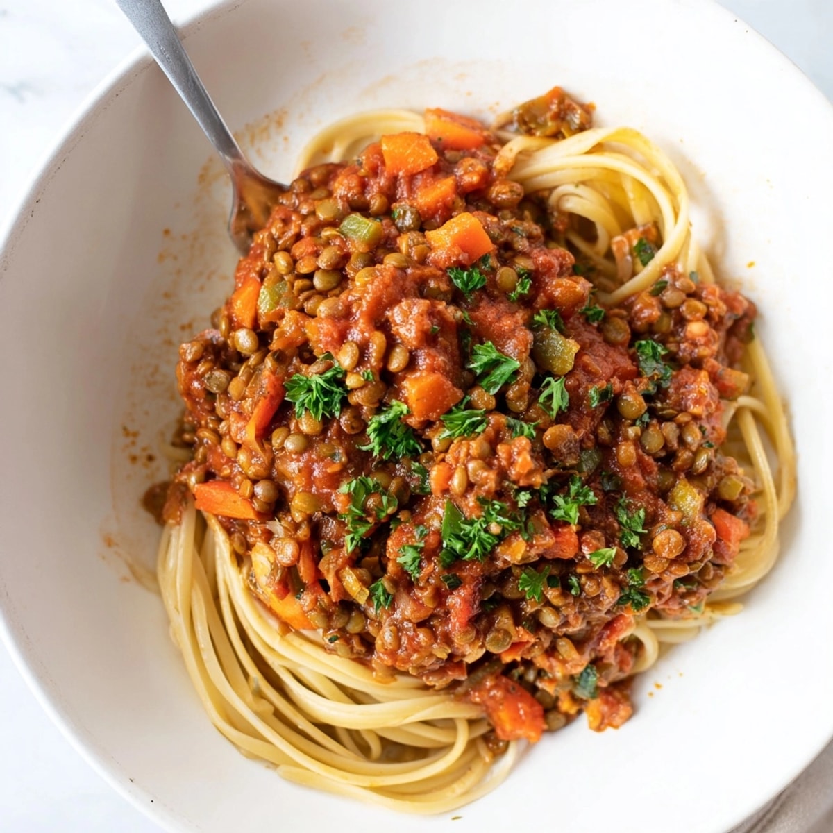 Homemade Lentil Bolognese recipe: earthy aroma fills the kitchen as it blankets spaghetti.