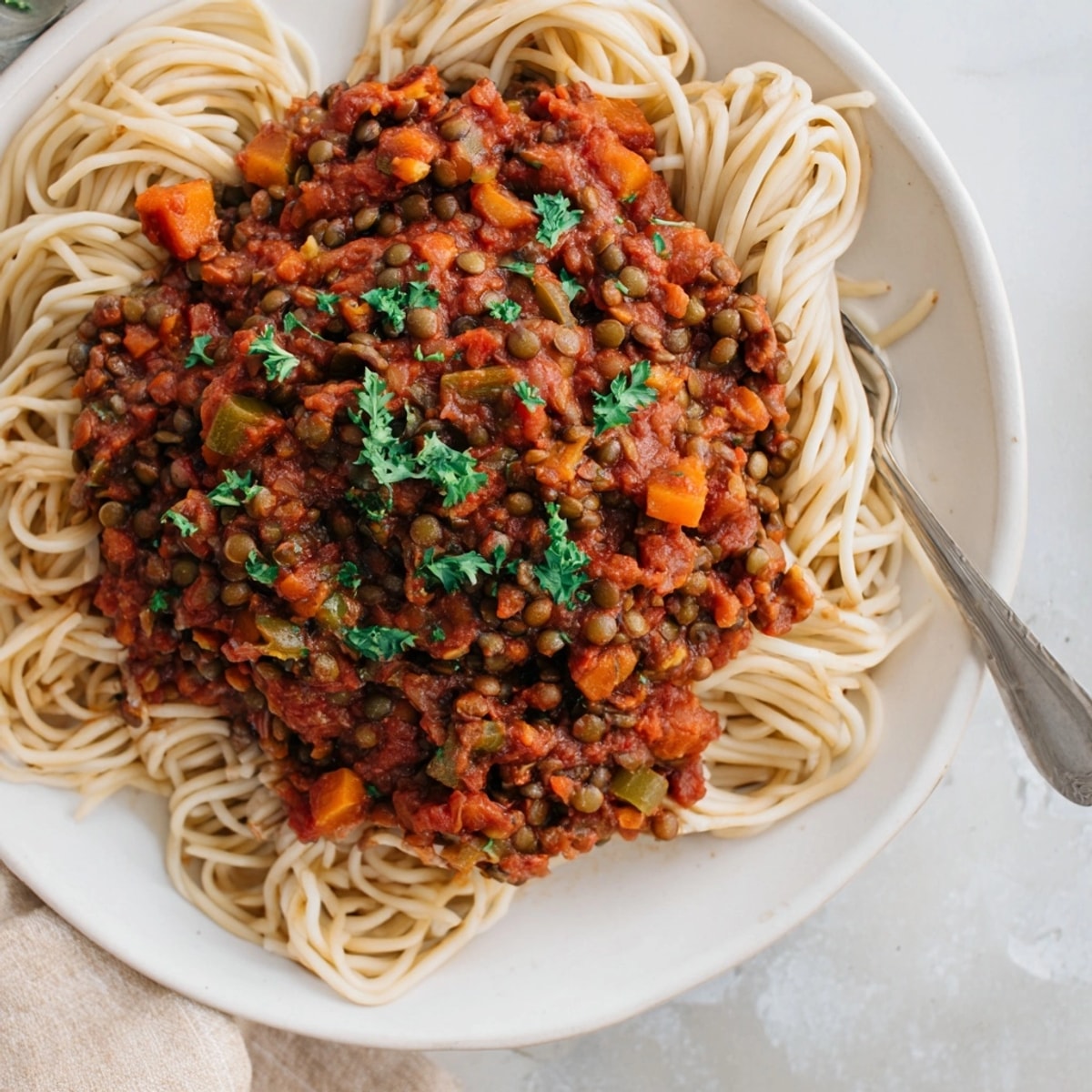 A steaming bowl of vegan Lentil Bolognese, garnished with fresh basil, ready to eat.