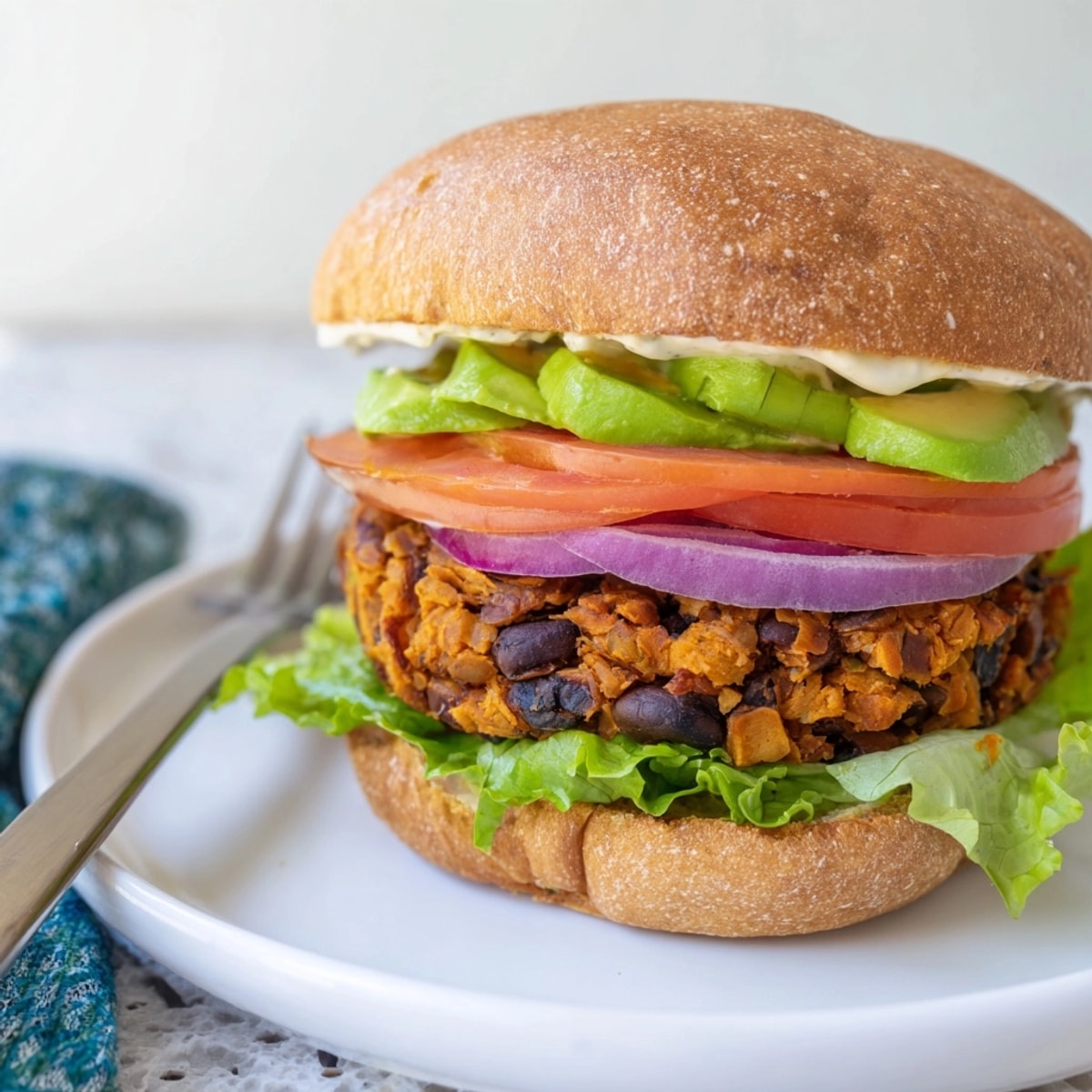 Savory Sweet Potato Black Bean Burger on a toasted bun with fresh avocado.