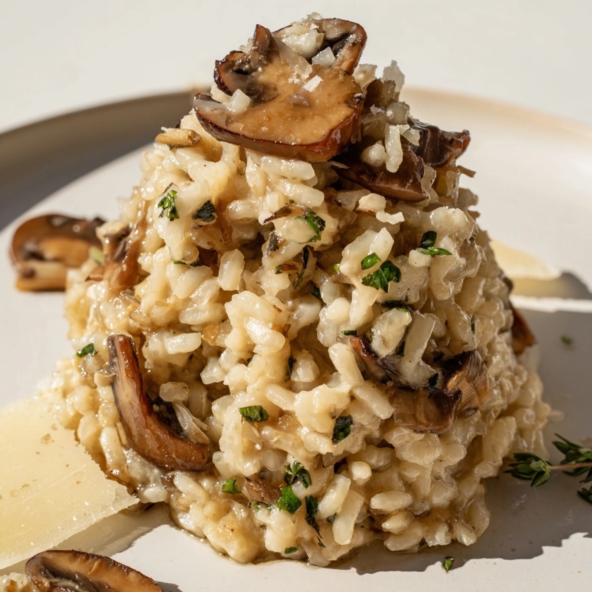 Creamy Mushroom Rice glistens, topped with fresh parsley, a comforting vegetarian main dish.