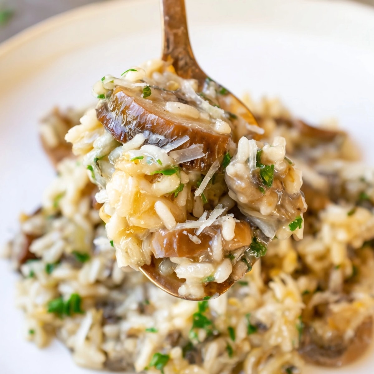 Close-up of Creamy Mushroom Rice: al dente grains nestled amongst savory, golden mushrooms.