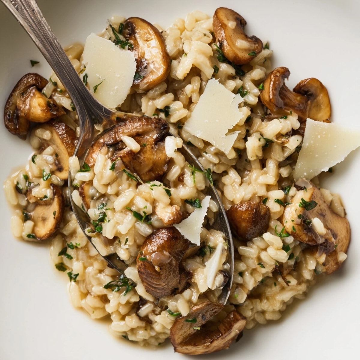 A steaming bowl of Creamy Mushroom Rice, ready to be served as a side dish.