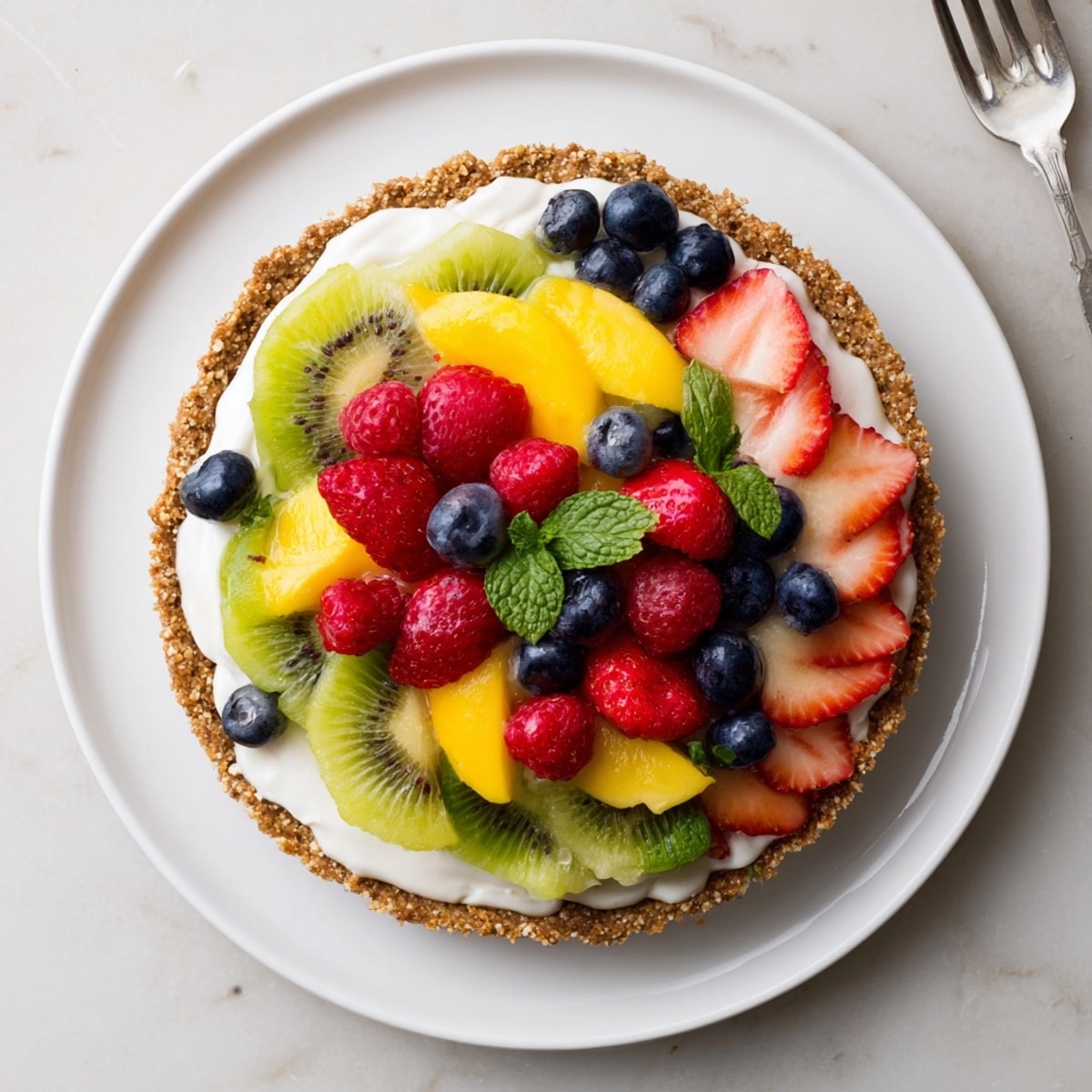 Close-up of vibrant No-Bake Greek Yogurt Fruit Tart with glistening berries and creamy filling.