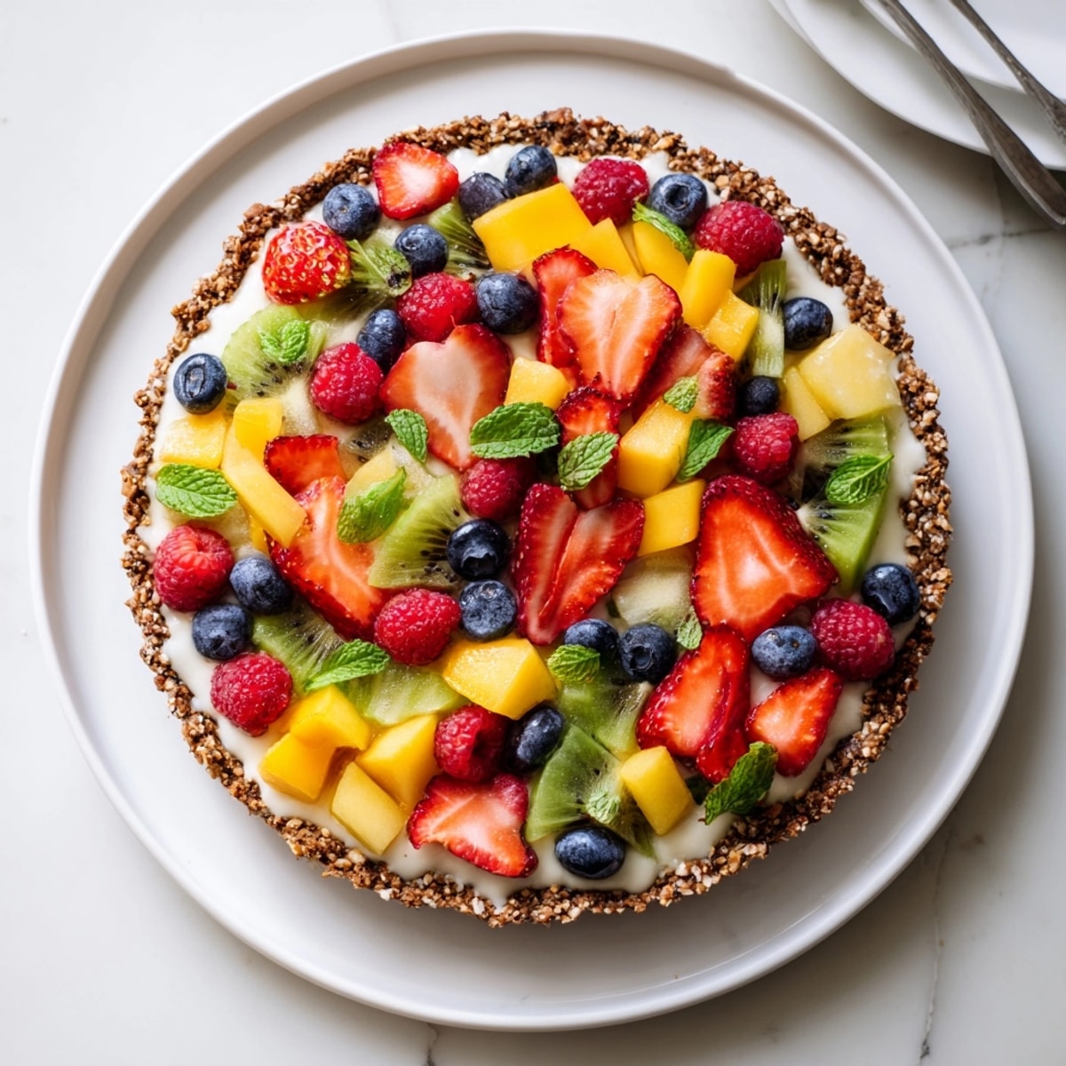 Creamy Greek yogurt filling and crunchy oat crust featured in this delicious No-Bake Fruit Tart.