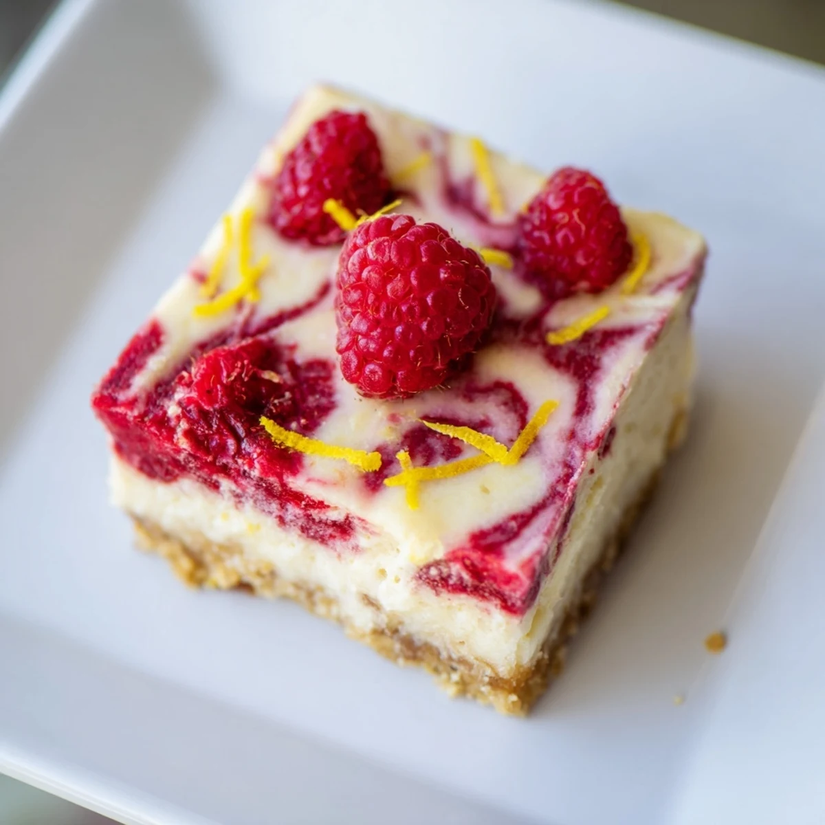Creamy Lemon Raspberry Cheesecake Bars with a vibrant raspberry swirl, ready to be sliced.
