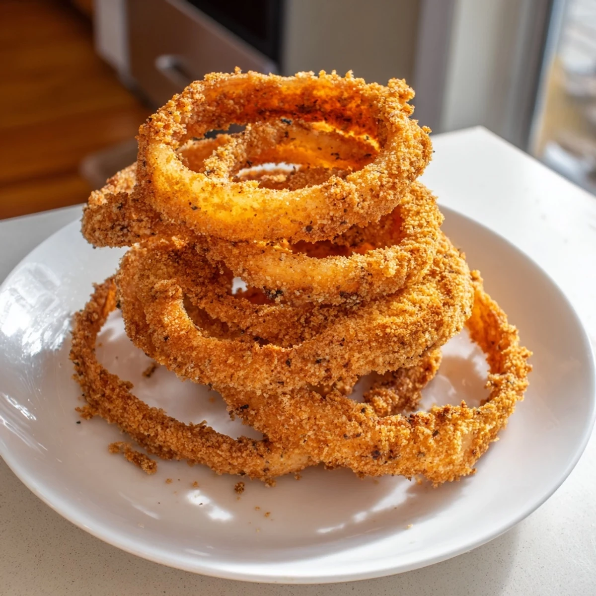 Golden, crispy onion rings ready to be dipped and enjoyed, a delicious appetizer.