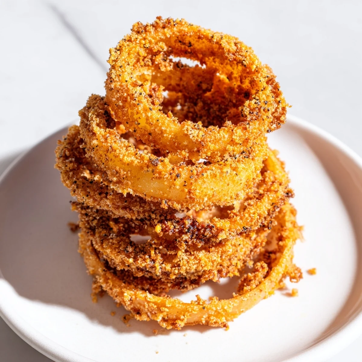Freshly fried crispy onion rings, golden brown, perfect with a tangy dipping sauce.