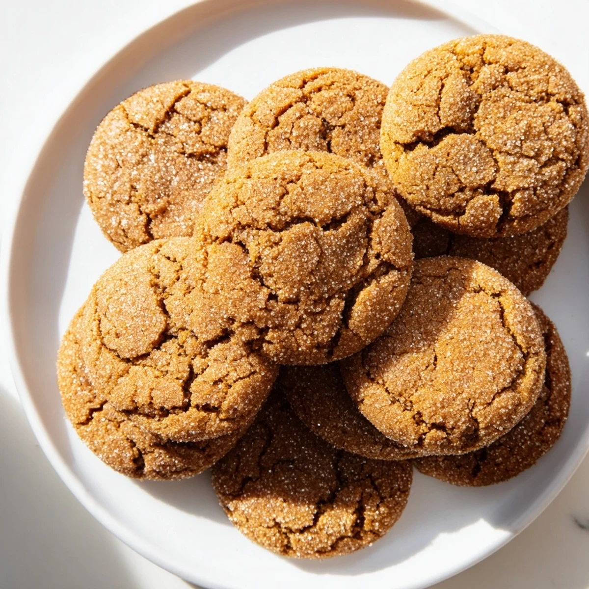 Close-up of baked Spiced Molasses Cookies, coated in sugar, ready to be enjoyed with a warm drink.