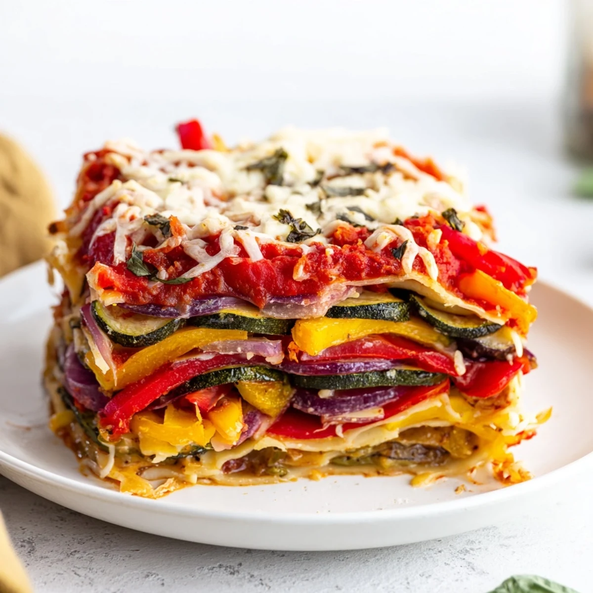 A bubbling, golden Roasted Vegetable Lasagna layered with colorful roasted vegetables and melted cheese.