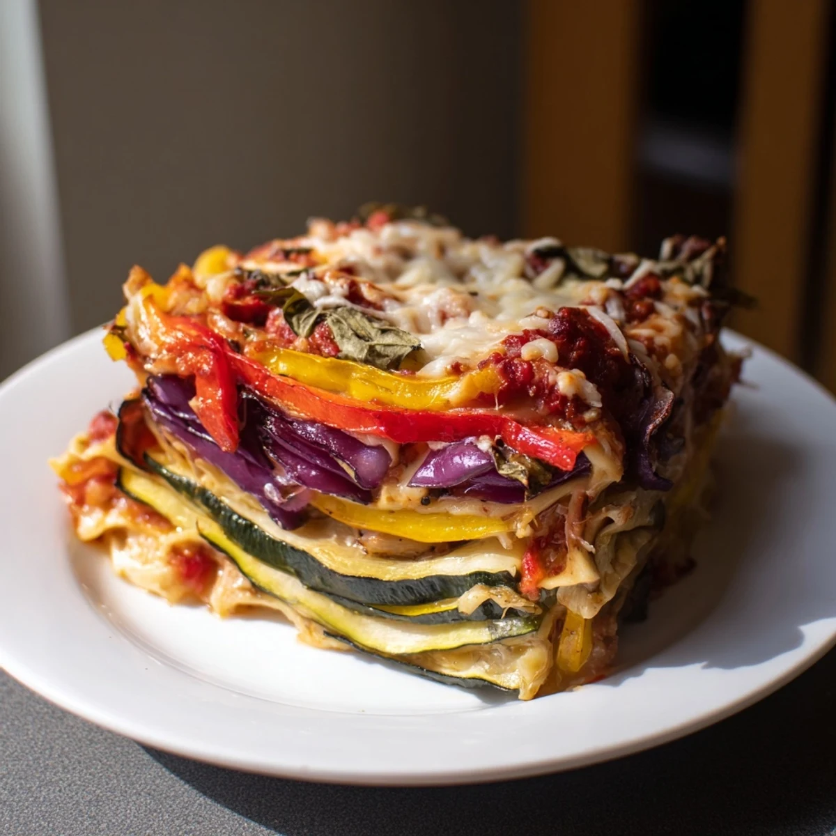 Close-up of a creamy, delicious Roasted Vegetable Lasagna, perfect for a comforting vegetarian meal.